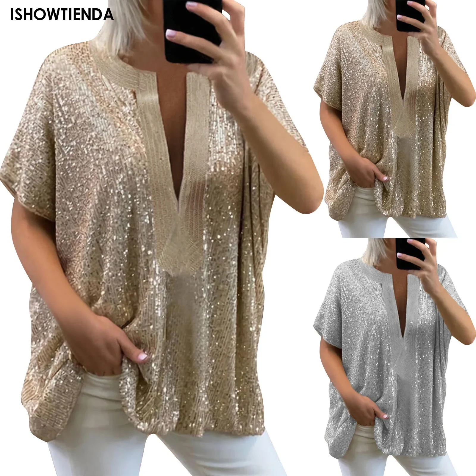 Summer New Fashion Sequin Decoration Blouse Women Short Sleeve V Neck Shirt Blouse Tops Casual Female Versatile Basic Loose Tops