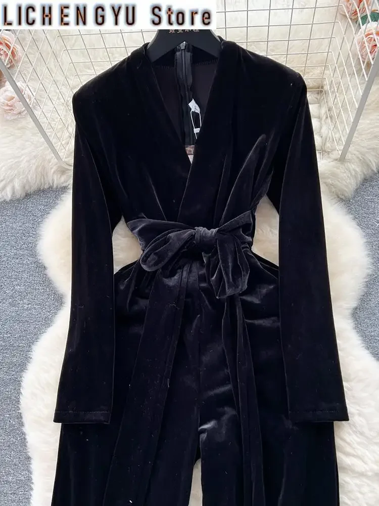 New Elegant Style Chic Jumpsuit Women V-neck Velvet Bandage High Waist Solid Color Jumpsuit Winter Spring