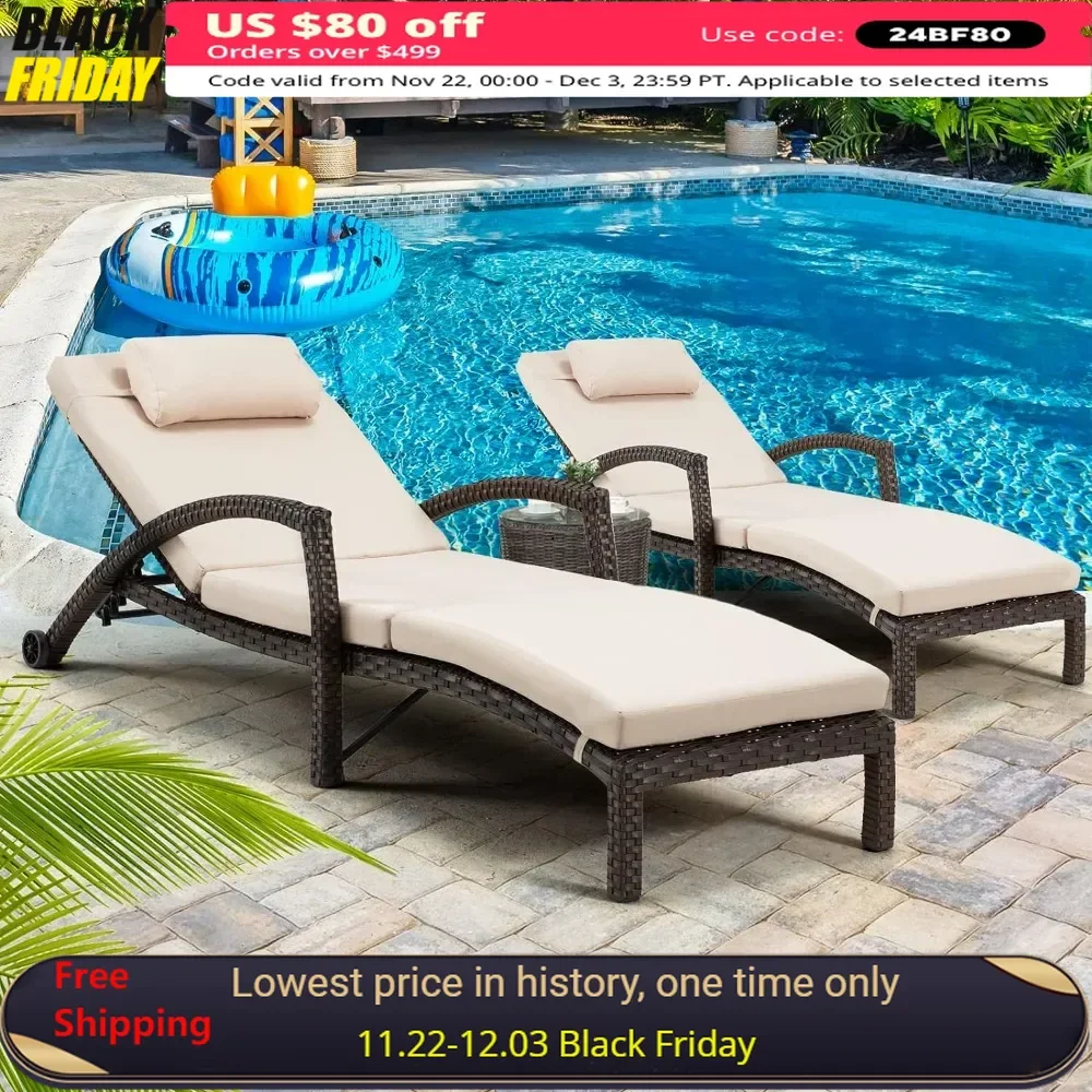 Outdoor Lounger Set of 2 with Arm, Cushion, Pillow and Wheels, Adjustable Patio Pool Lounge Chair, PE Rattan Outdoor Lounger