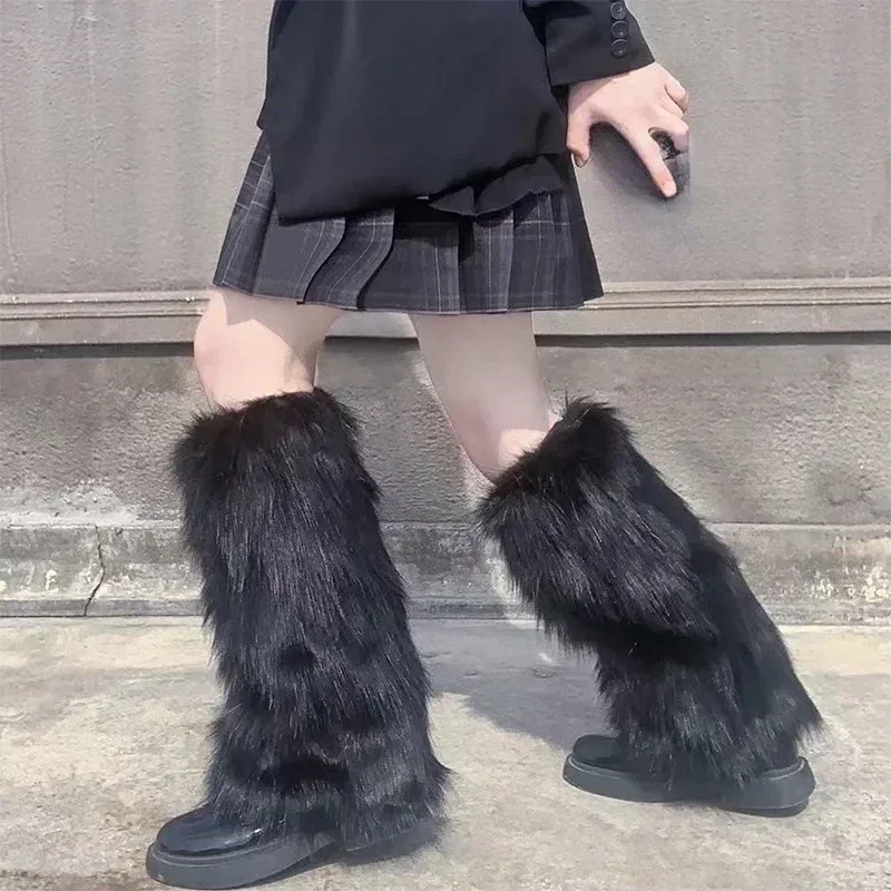 Furry Leg Warmers Y2K Goth White Faux Fur Leg Warmers Boot Covers Lady Cute Jk Knee-length Hipster Warm Sock Fashion Socks