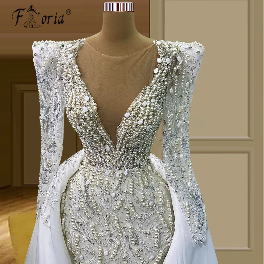 Newest Special Pearls Memaid Dubai Wedding Dress with Detachable Train Long Sleeves Sequin Crystal Bridal Gowns Robe De Mariee