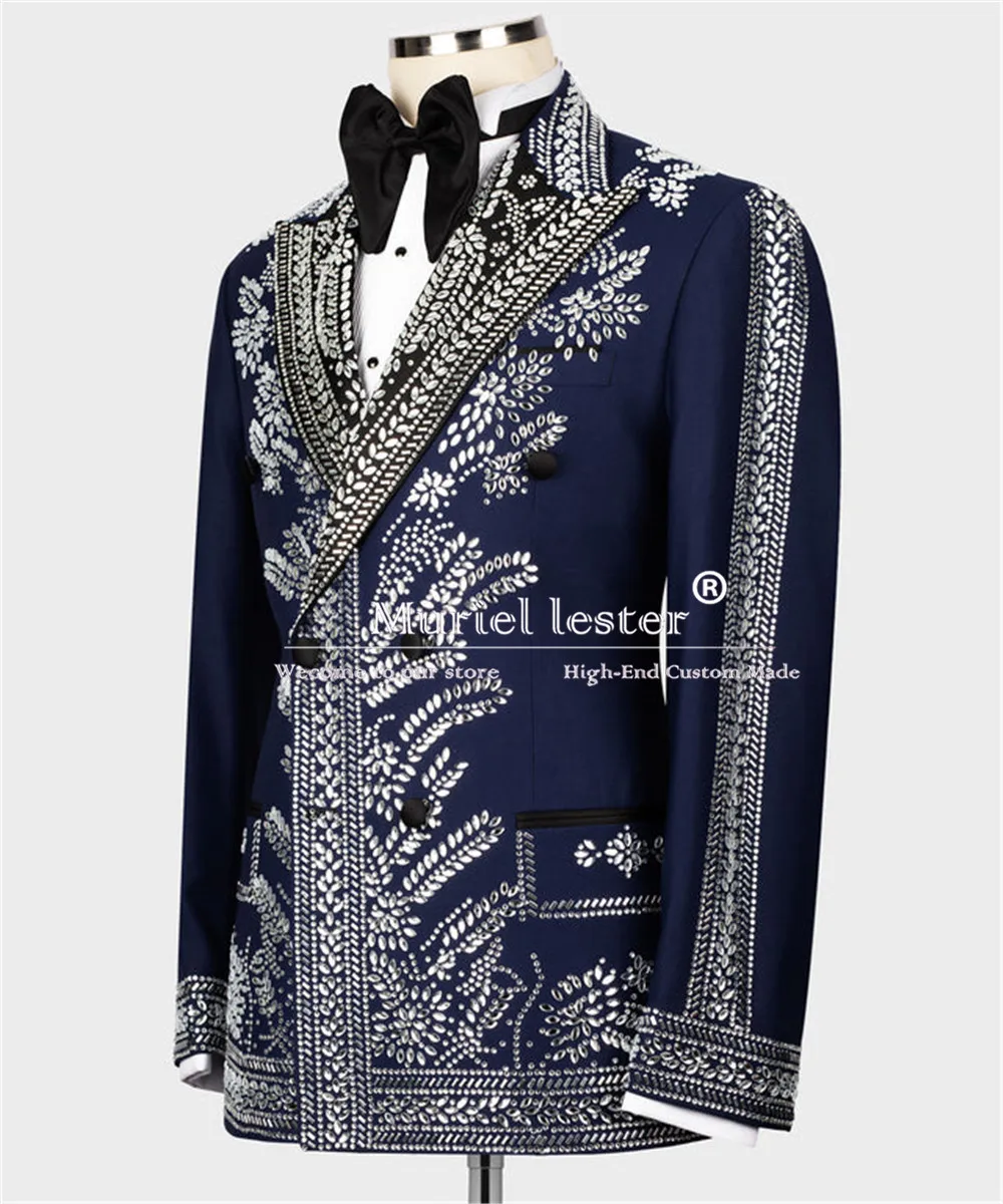 Luxurious Glitter Jewelry Suits Men For Wedding Doubel Breasted Jacket Pants 2 Pieces Groomsmen Tuxedos Costume Homme Marriage