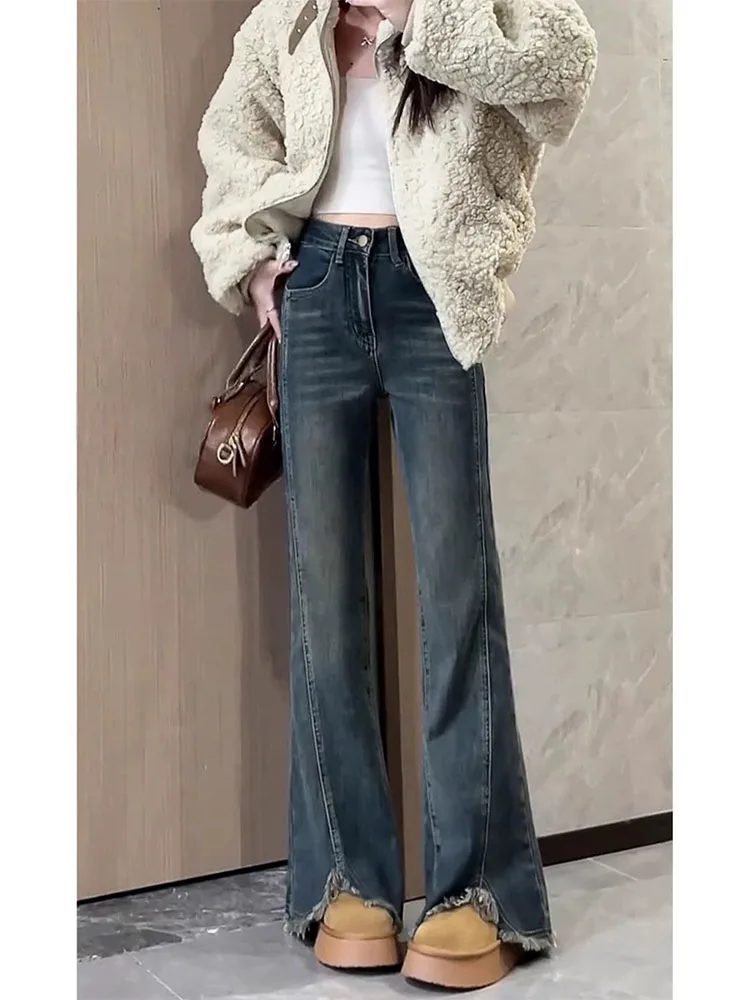 High Waist Flared Jeans Women's Stretchy Straight Leg Denim Pants Bootcut Floor-Length Trousers Autumn Faion plus Size