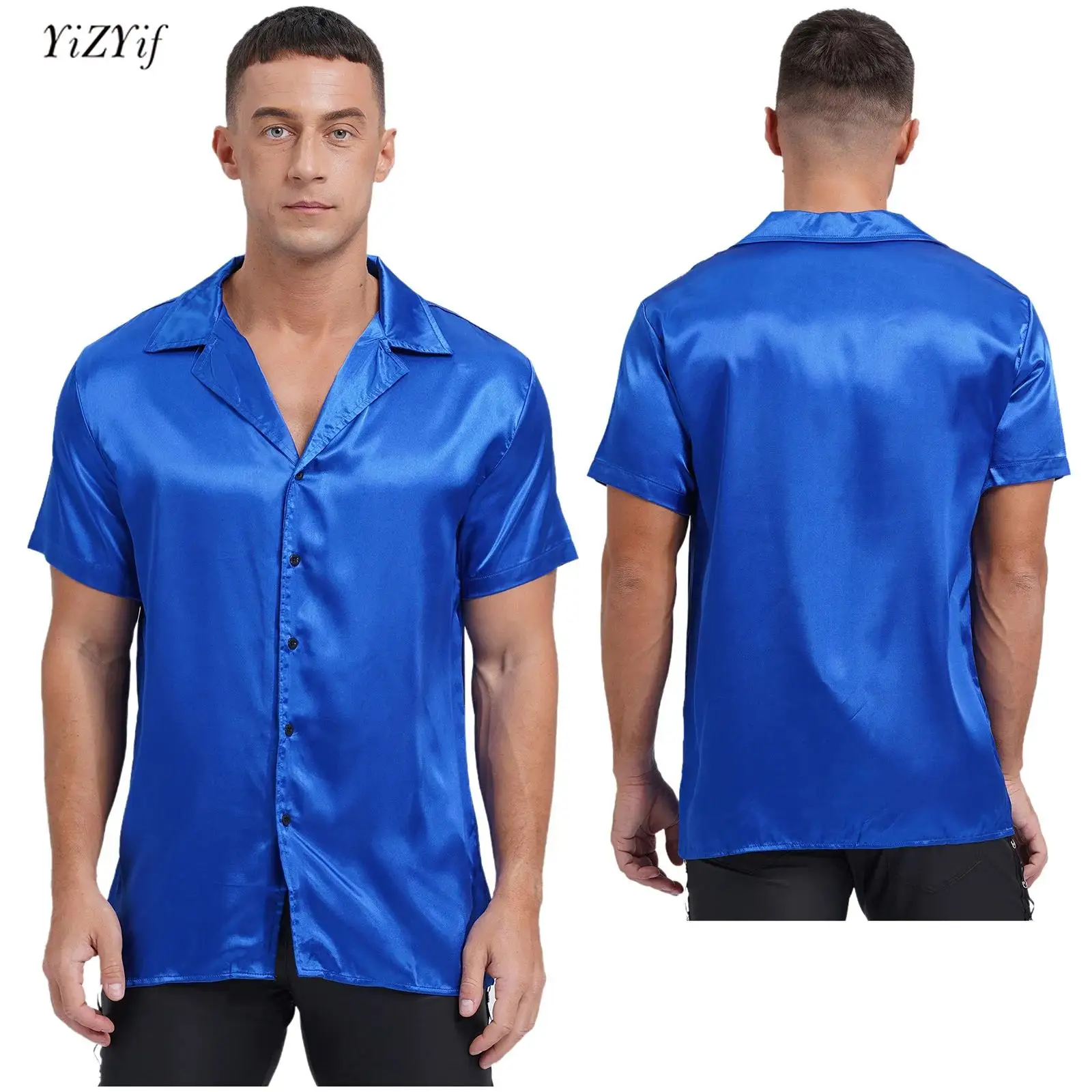 Mens Satin Shirt 2024 Notched Lapel Short Sleeve Shirt Loose Solid Color Tee Top for Casual Office Work Chemise Homme Daily Wear