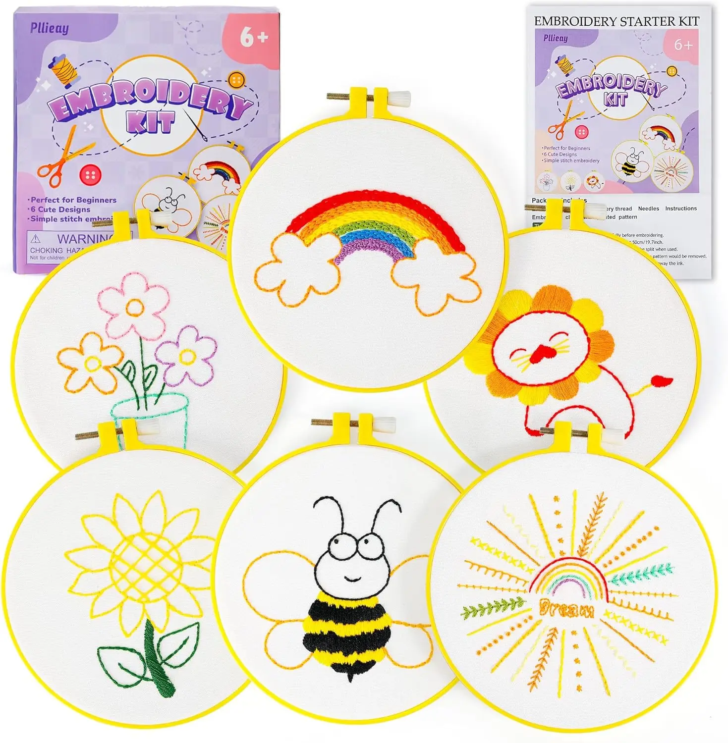 

6PCS Beginner Embroidery Kit with Patterns, Hoop, Threads, Needles for Kids Ages 6+