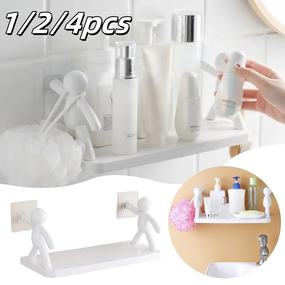 1pcs Wall Mounted Non Perforated Storage Rack Bathroom Rack Cute Little Person Shelves Support Kitchen Bathroom Storage Rack
