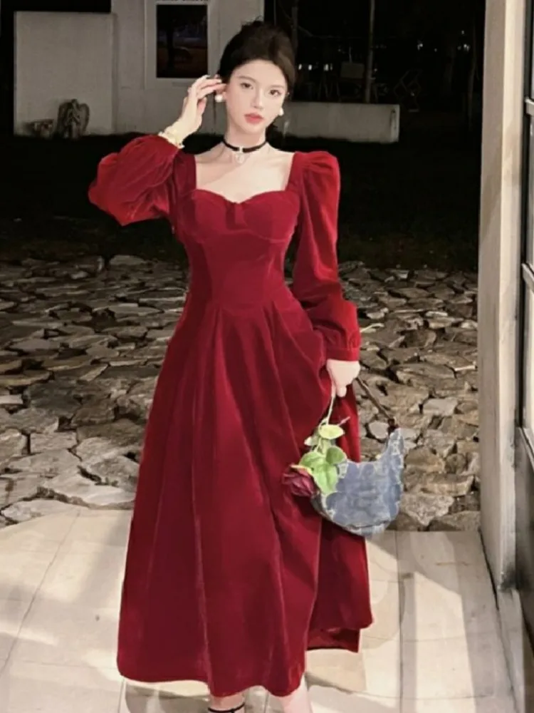 Topanoma Temperament Evening Dresses Women Vintage Square Collar Velvet Banquet Wedding Party Cocktail Birthday Elegant Ladies