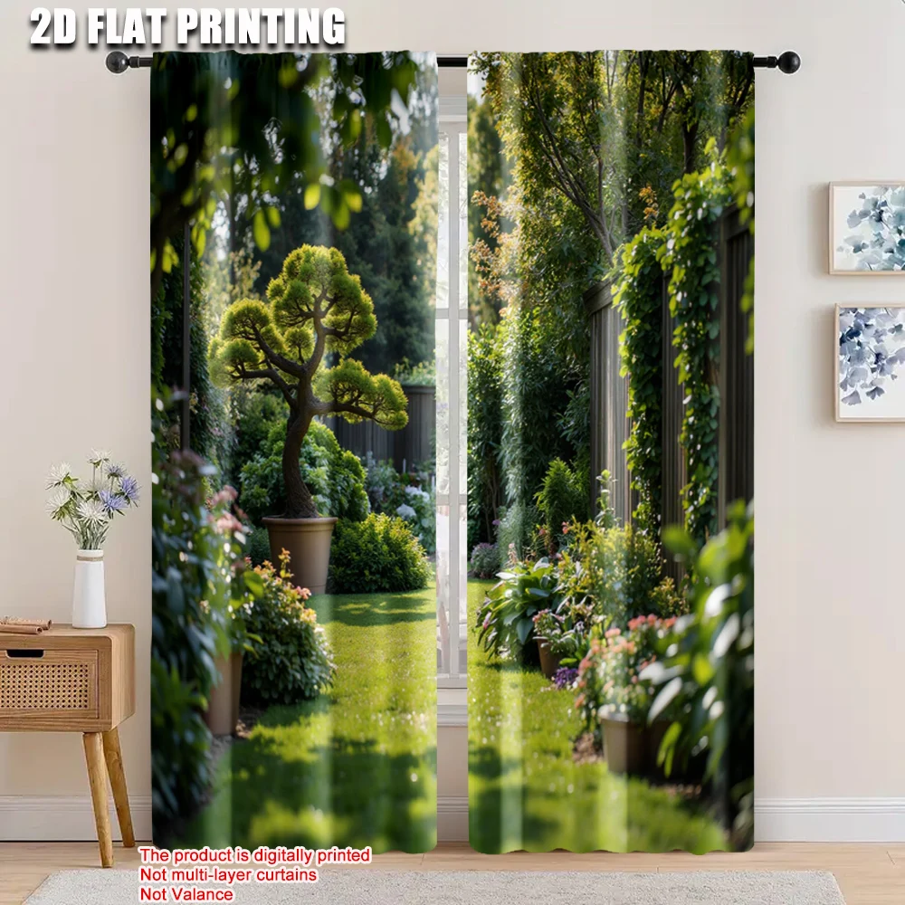 

2pcs, 2D flat printing Window Curtains Lush garden fence Blackout Polyester Holiday Decorations Applies to Holiday Parties, Home