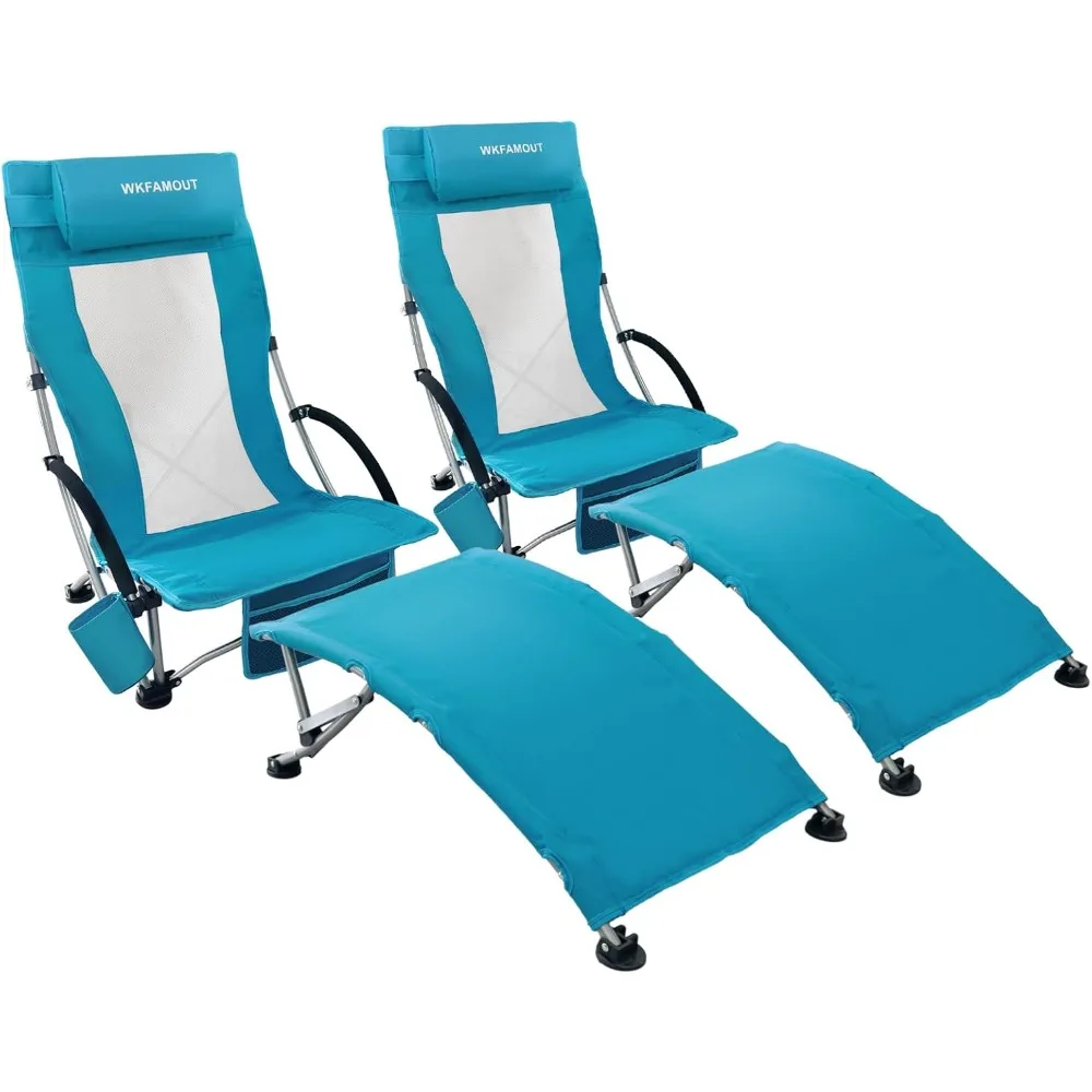 Chaise de plage pliante basse, paquet de 2, avec repose-pieds pour adultes, chaise de plage à dossier haut de 265lb, Portable avec porte-gobelet, légère pour Ou