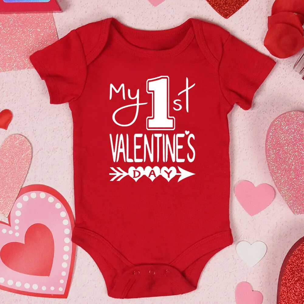My First Valentine\'s Day Printed Baby Romper Newborn Red Cotton Bodysuit Valentine Party Infant Outfit Toddler Holiday Jumpsuit