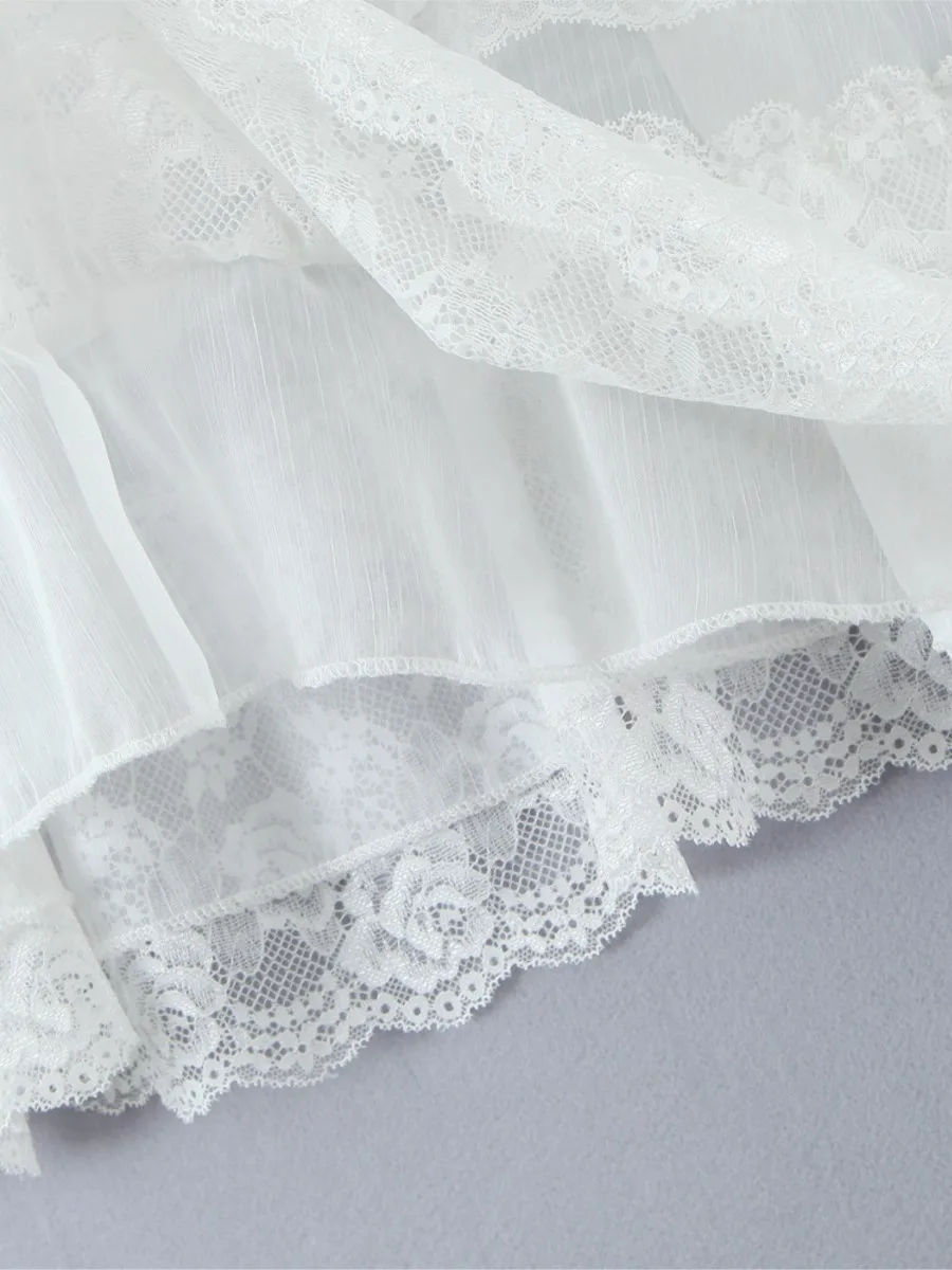 Drawstring 레이스 패치 워크 미디 스커트 여성 하이 웨스트 레이스 트림 화이트 a 라인 Faldas 여름 캐주얼 패션 우아한 짧은 스커트