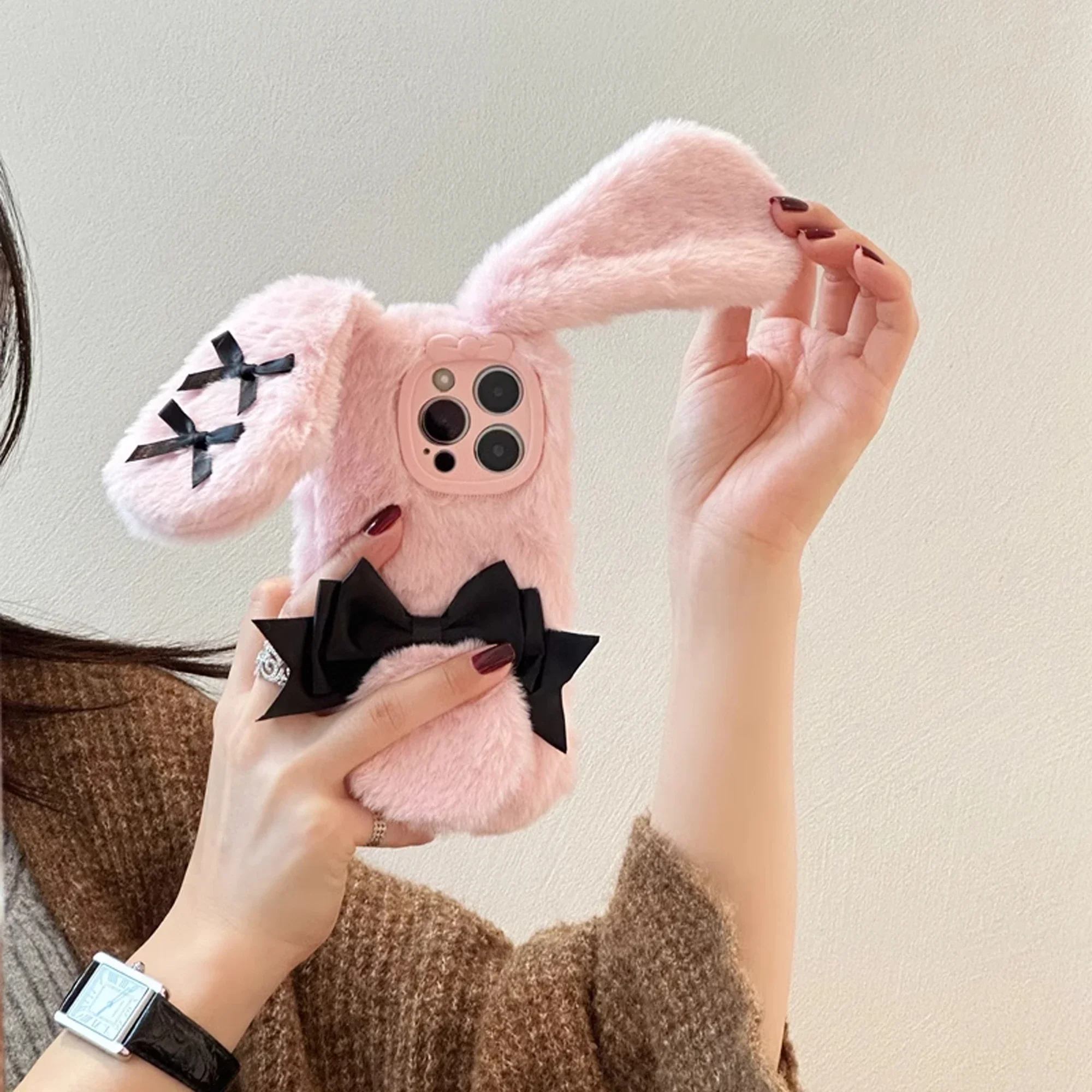 For IPhone 16 Pro Max 15 14 13 12 11 Bow Tie Maid Bunny Plush Phone Case Fall Winter Cute Phone Protective Jacket view 2