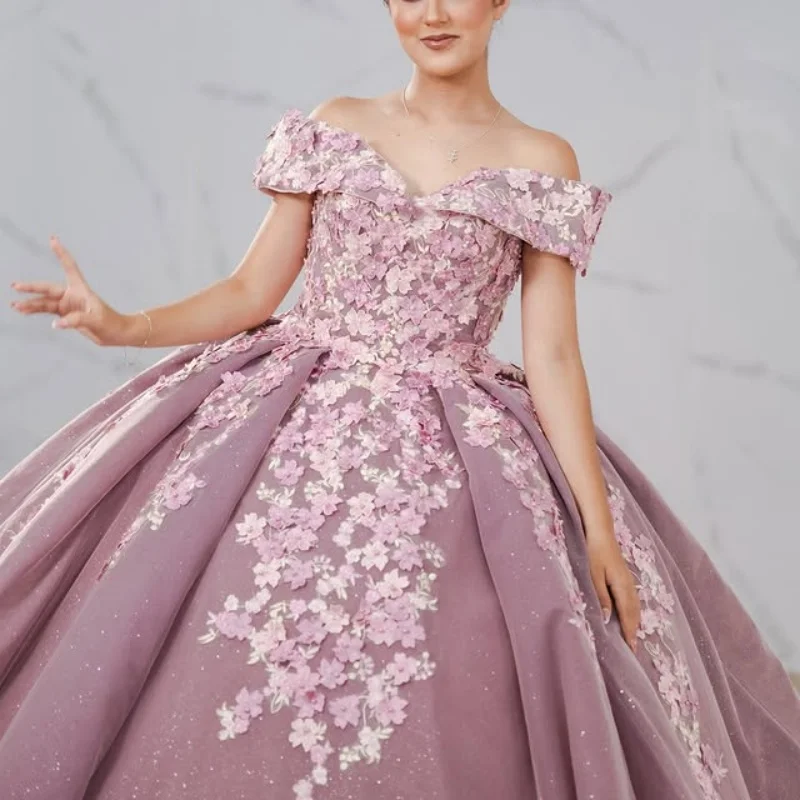 

Customized Shiny Dark Purple Quinceanera Dresses Off the Shoulder sequin applique flower Long tail Vestido De 15 Quinceanera