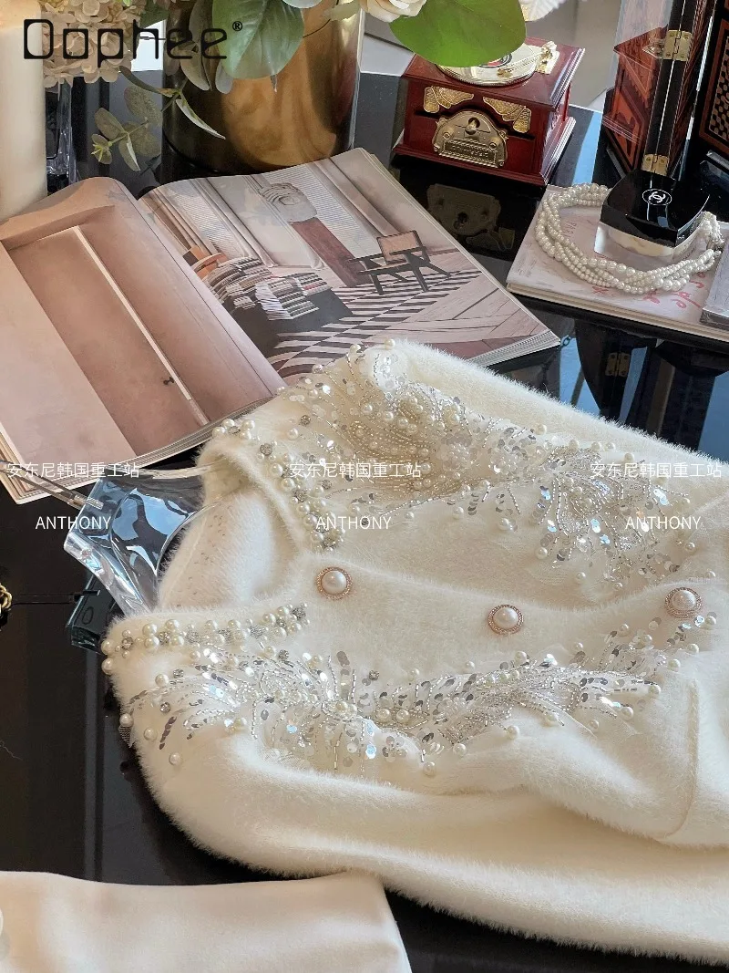 Kardigan Pendek Mewah Prancis Berpayet, Bordir Berat, Berhiaskan Batu Rhinestone, Lengan Panjang, Elegan, untuk Wanita Sosialita, Warna Putih