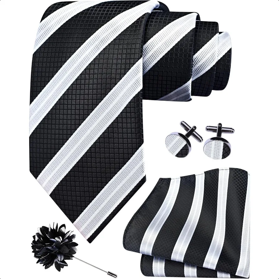 GUSLESON 3,15" 8 cm Cravatta a righe da uomo e spilla da bavero Cravatta Fazzoletto Gemelli Set per uomo