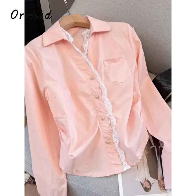 Women's Casual Gyaru Fashion Lace Patchwork Coquette Shirts 2025 Spring Hotsweet Style Turn-down Collar Long Sleeve  Blouses