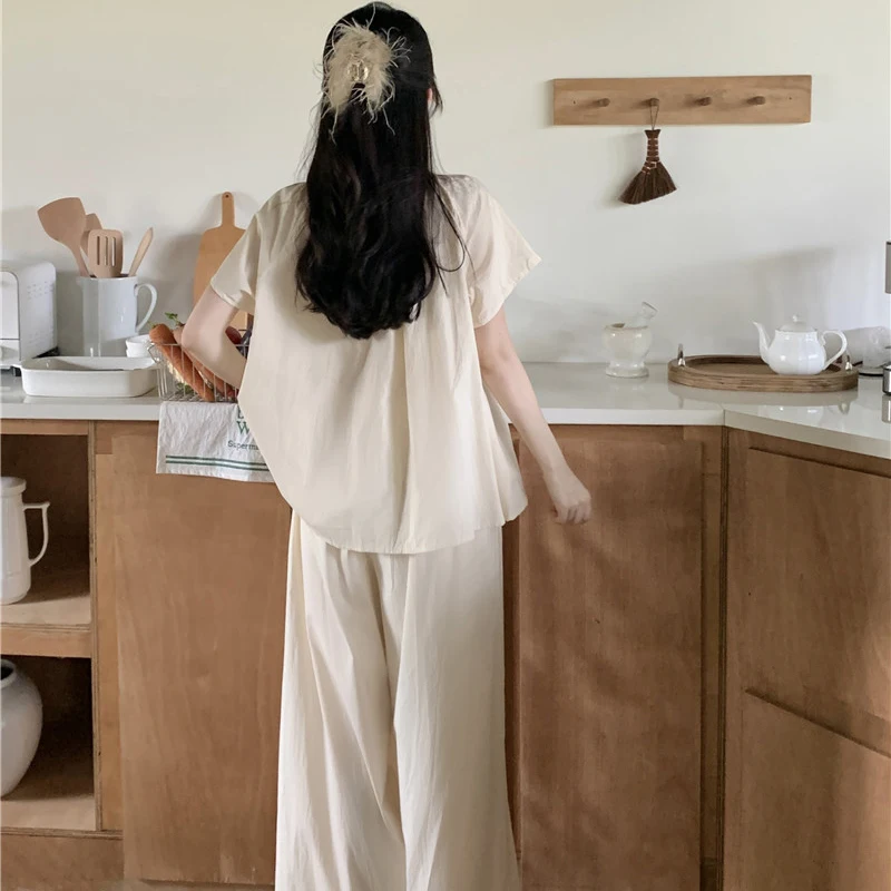 Solid Soft Spring Pajamas Set Short Sleeve Shirts + Trousers Cotton Casual Sleepwear Thin Elegant Home Suit Pleated Ruffles