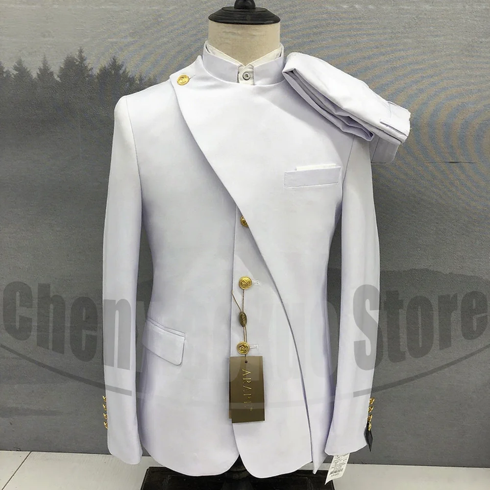 

Men Suits 2 Pieces Mandarin Collar Solid Color Outfits Wedding Party Prom Exquisite Asymmetric Design Tailored Male Suit