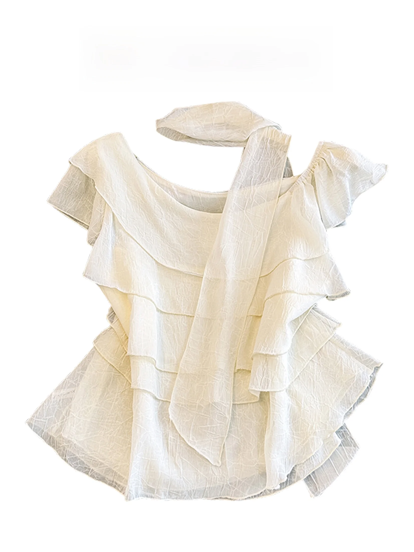 

White Ruffle Sleeve One Shoulder Short Sleeve Shirt Women's Design Sweet Gentle Style Slimming Versatile Top Breathable Skin-...