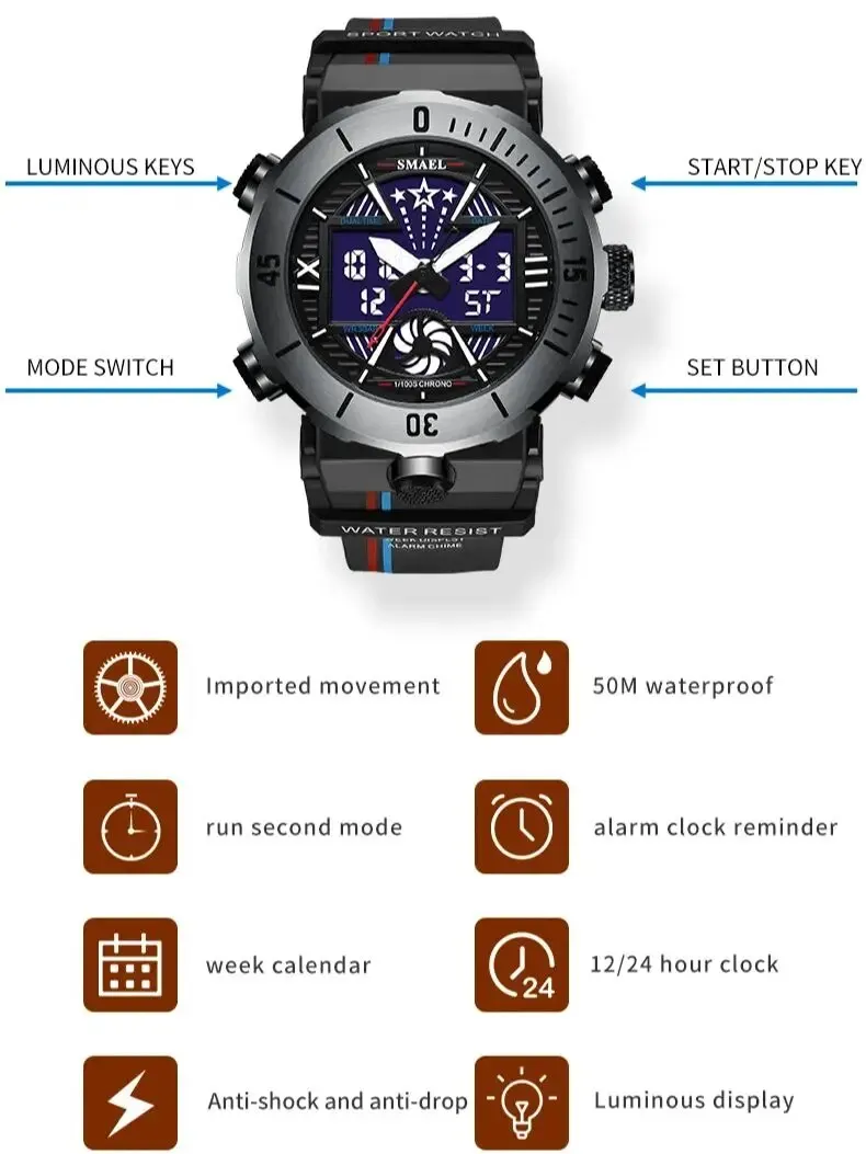 New SMAEL Watch For Mens Sport Watches Dual Display Digital Alarm 8051 Clock Shock Led Watch Waterproof