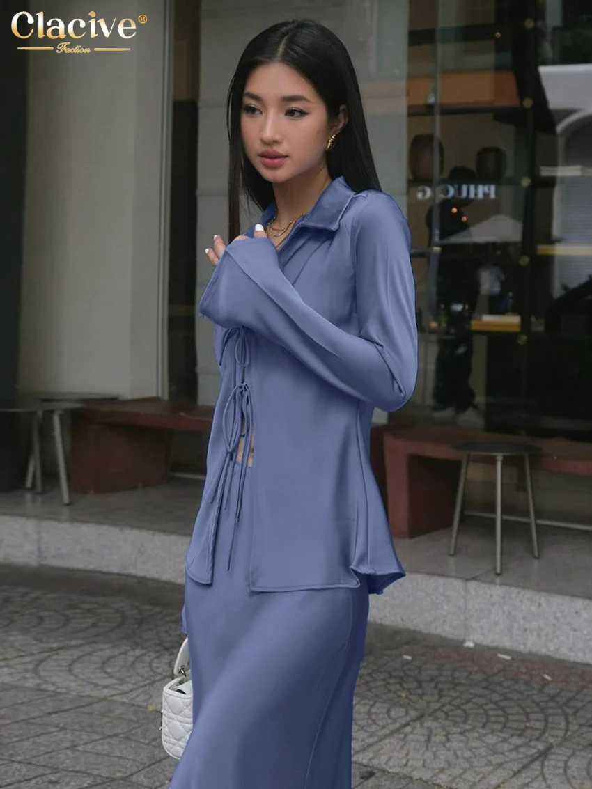 Clacive แฟชั่นหลวมสีฟ้าผู้หญิง 2 ชิ้นชุด 2025 เซ็กซี่เสื้อแขนยาวเอวสูงชุดกระโปรงยาวหญิง streetwear