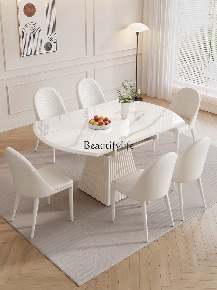 Stone Plate Cream Style Dining Table and Chair Variable round Table Modern Simple and Light Luxury Dining Table 2024 New