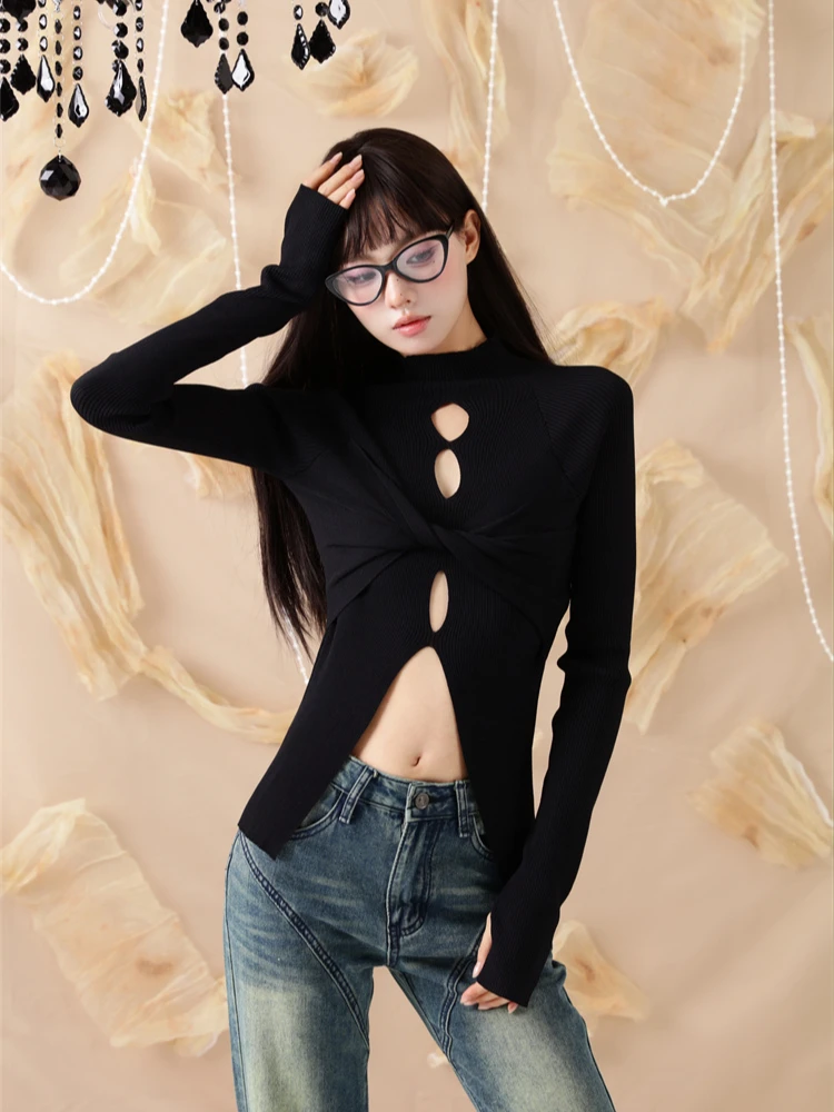 CHEERART Cut Out Kink Knitwears Long Sleeve Knitted Tops For Women 2023 Winter Autumn Designer Sweater Y2k Fashin Clothes