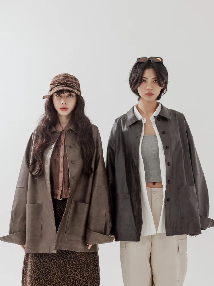 Jaqueta Retro de Couro Queenop Nova para Outono Inverno Feminina com Gola Longa de Dupla Camada