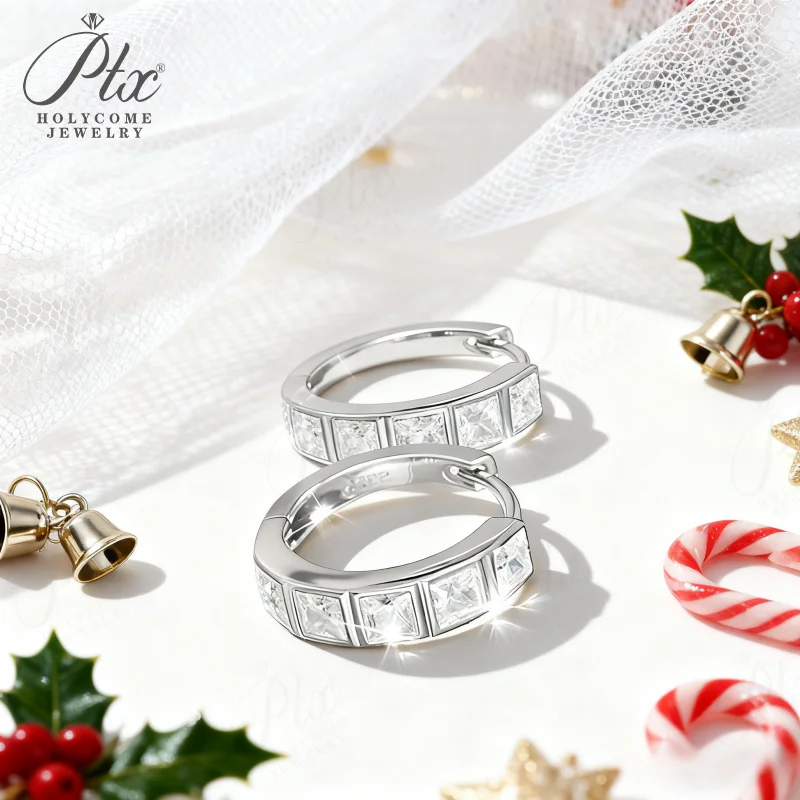 

1.5CT Hoop Earrings with Princess Cut Multicolor Moissanite 925Silver Plated White Yellow Rose Gold Ear Studs Women Man Fishion