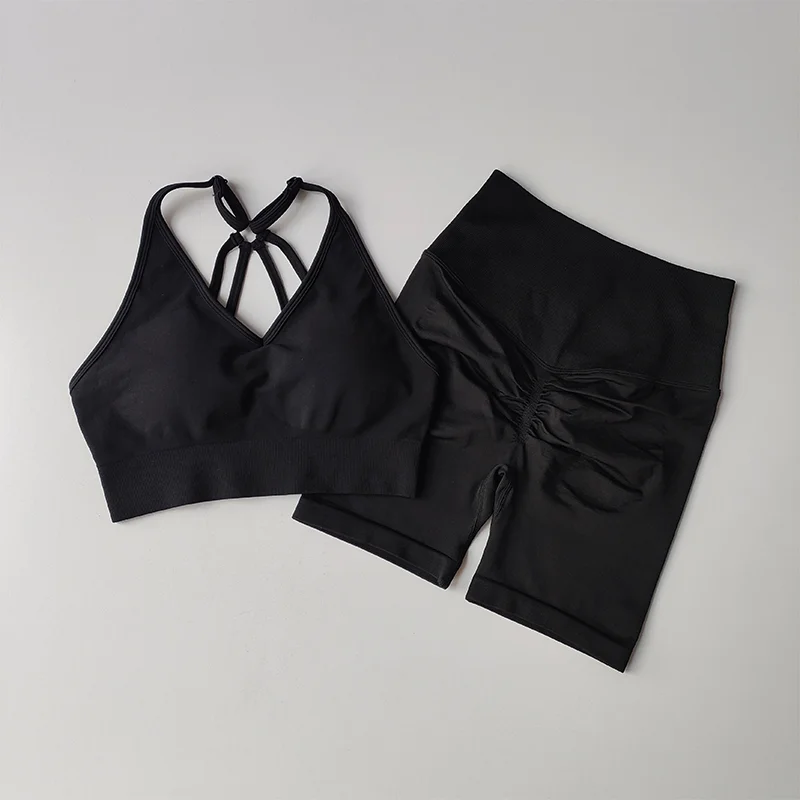 2-teiliges Yoga-Set für Damen, hochtailliertes Workout-Outfit, Sportbekleidung, Fitnessanzug, Sportanzug, Shorts-Set – Detail 4
