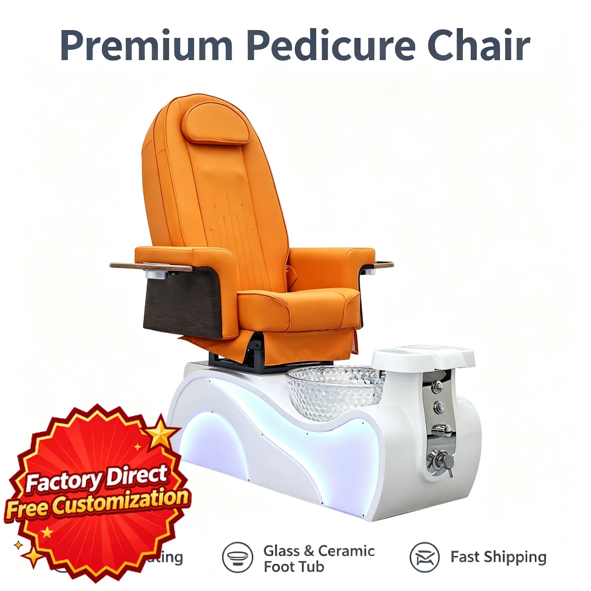 Orange Pedicure Chair Blue LED Light Electric Foot Spa Massage Salon Furniture