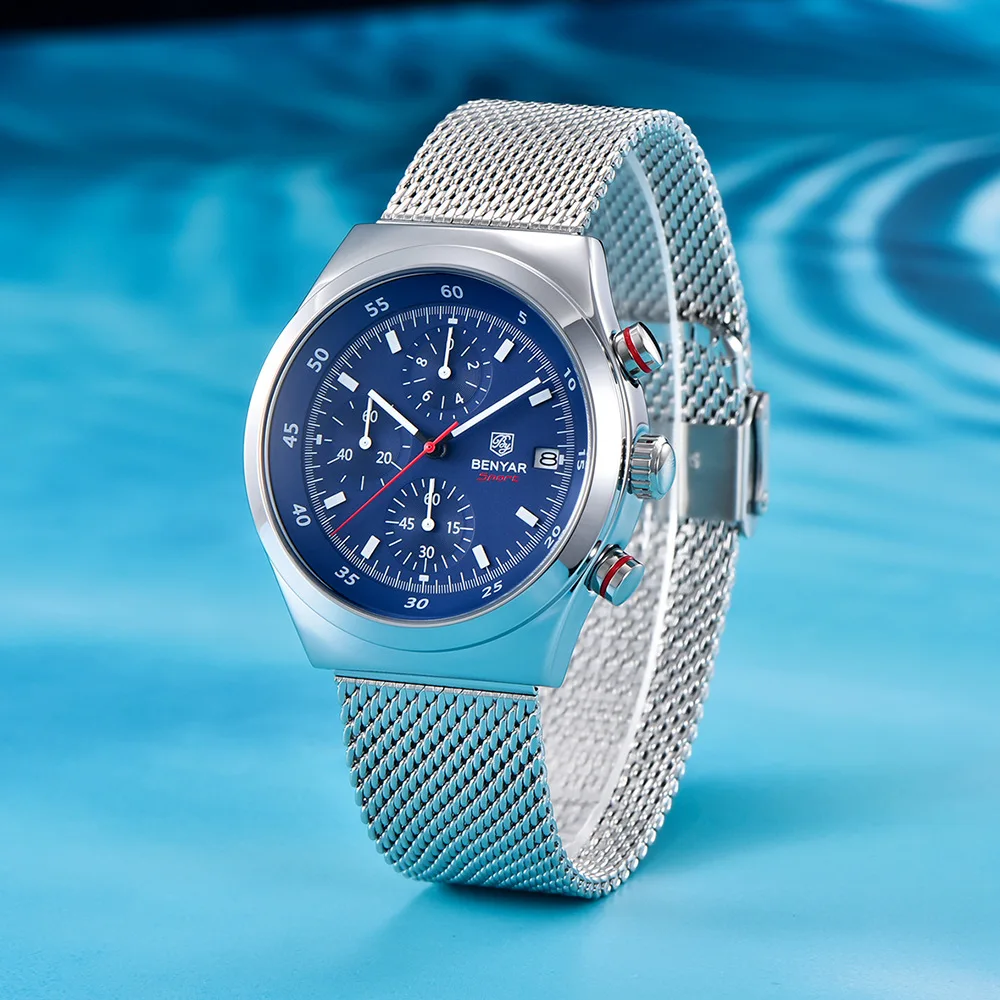 

BENYAR 5200 Top Brand Men's Multi Functional Timing Quartz Watch Calendar Night Light Waterproof Stainless Steel Watches for Man