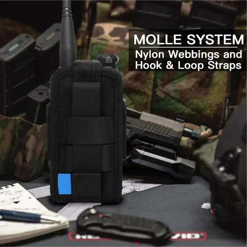 Waterproof nylon carry case for portable two-way radios, with belt holder.