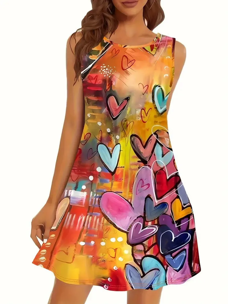 

Fashion Love Heart Tie-dye Women Mini Dresses Summer Sleeveless 3D Print Gradient Street Ladies Dress 3XL Big Size Casual Dress