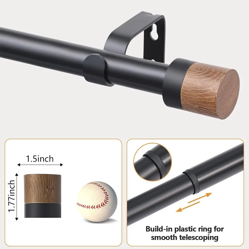 قضبان ستائر خشبية قابلة للتعديل من 72 إلى 144 بوصة قضيب ستائر عالي التحمل مع حبوب خشبية عبوة من قطعتين لغرفة النوم في النافذة #3