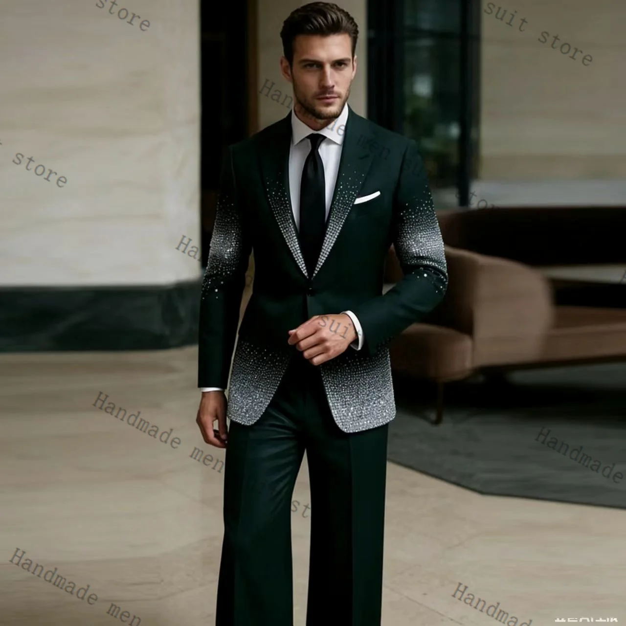 

Crystals Green Men Suit Set 2 Piece Blazer+Cotton Pants Spring Prom Wedding Tuxedos Coat Customized Formal Office Fashion Jacket