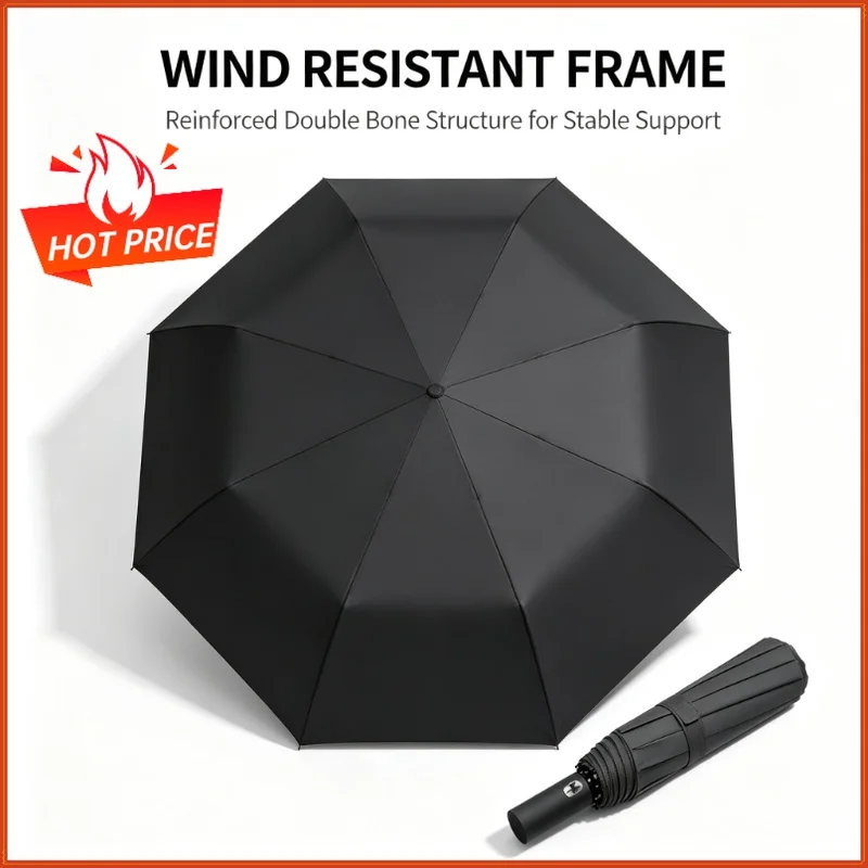 Ombrello completamente automatico a 12 stecche con rivestimento nero, con struttura robusta e resistente, ombrello pieghevole a tre pieghe, resistente