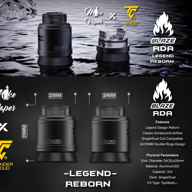 Оригинальный Thunder Cloud Blaze с двойной катушкой, 25 мм, резервуар RDA, емкость 2 мл, 810, капельный наконечник, восстанавливаемый распылитель для вейпа, электронные сигареты