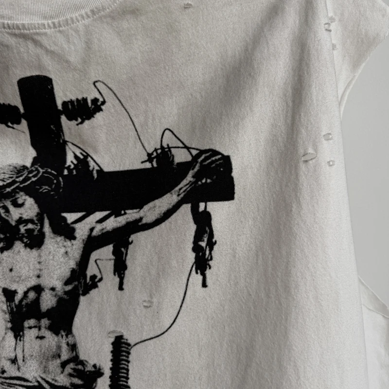 Bound Jesus Print Tank Tops Vintage Distressed Washed Worn Saint Sleeveless Hiphop Street Rouns Neck Vest Men Splicing Cut Tops