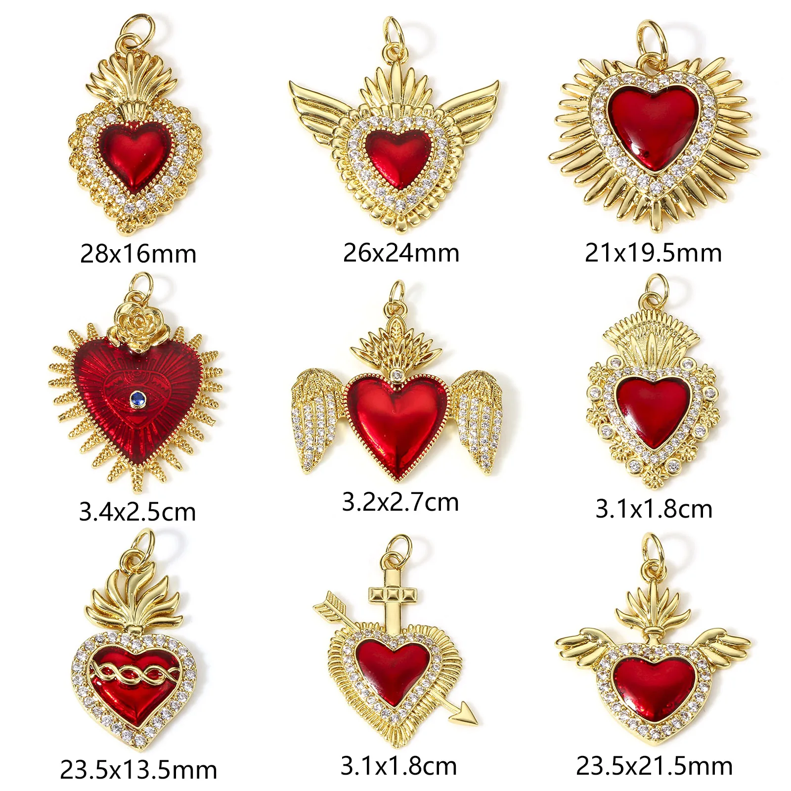 1Piece Religious Pendants Red Ex Voto Heart Enamel Clear Cubic Zirconia Gold Color Copper Charms For DIY Jewelry Necklace Making