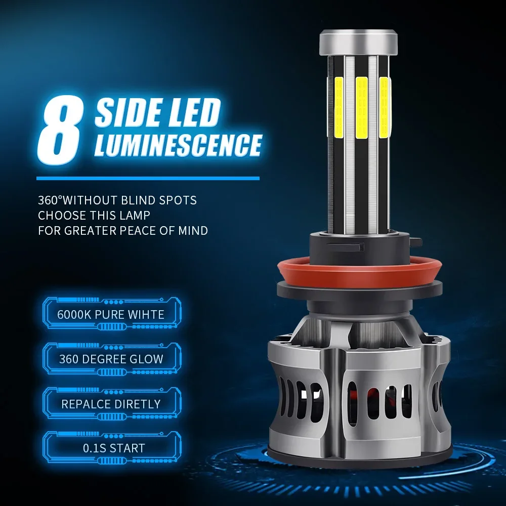 TCYATO 8-Sided LED Bulbs for Cars H1H7H4 High and Low Beam Integrated 6000K Car Lights 9005 LED, Front Headlights, Fog Light