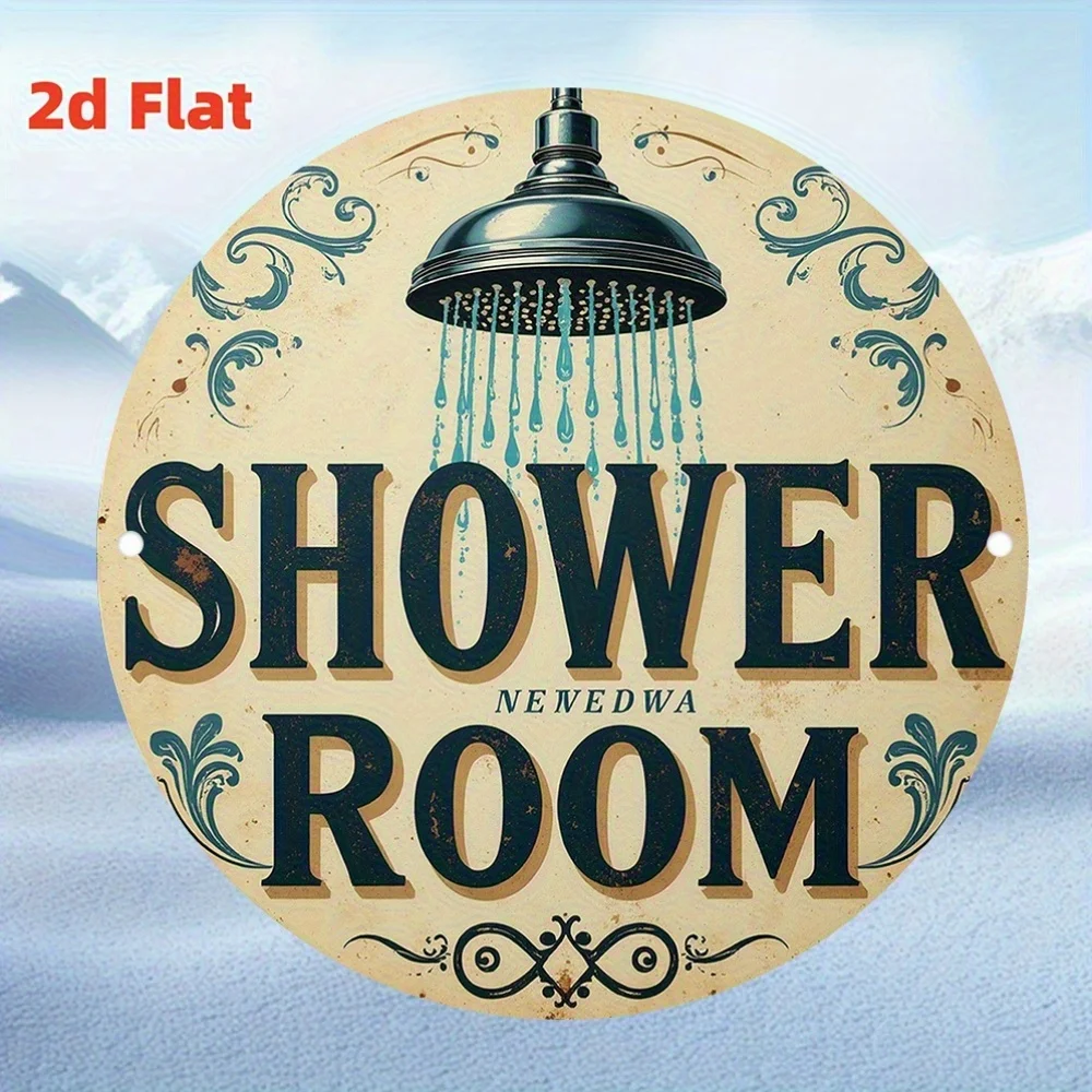 [2D Flat] Vintage-Metallschild „Duschraum“ – 19,81 cm rundes Aluminium, Retro-Stil mit verziertem Rand, ideal für Badezimmer, Büro,