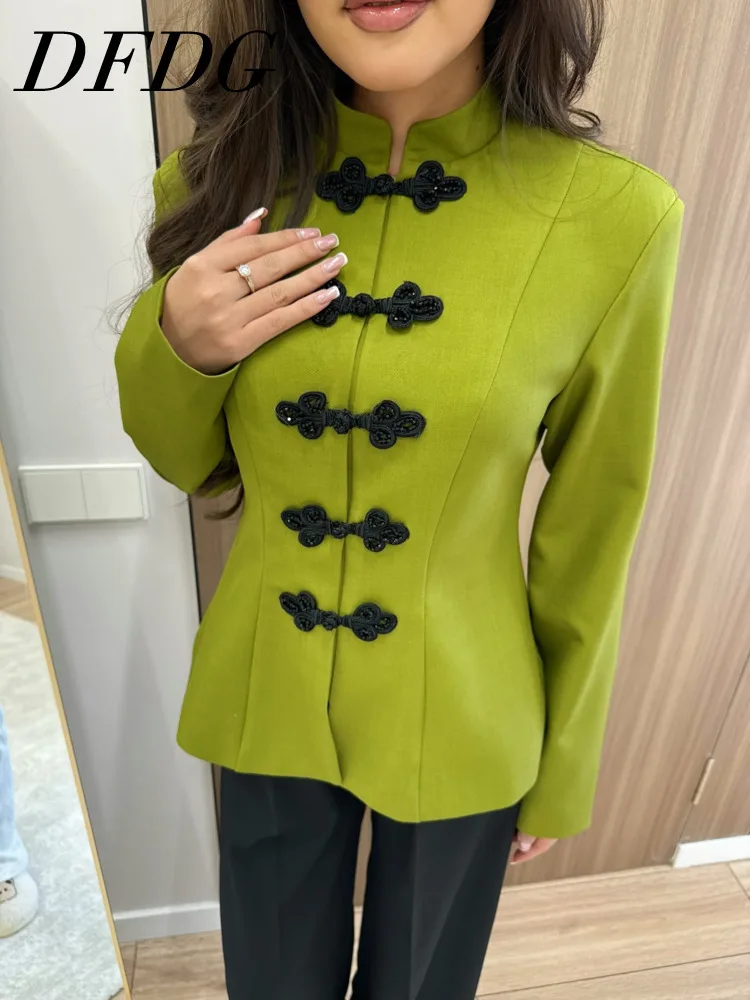 

Женский блейзер DFDG в китайском стиле с воротником-стойкой и пуговицами-лягушками, элегантный, формальный, модный, весна-лето 2026