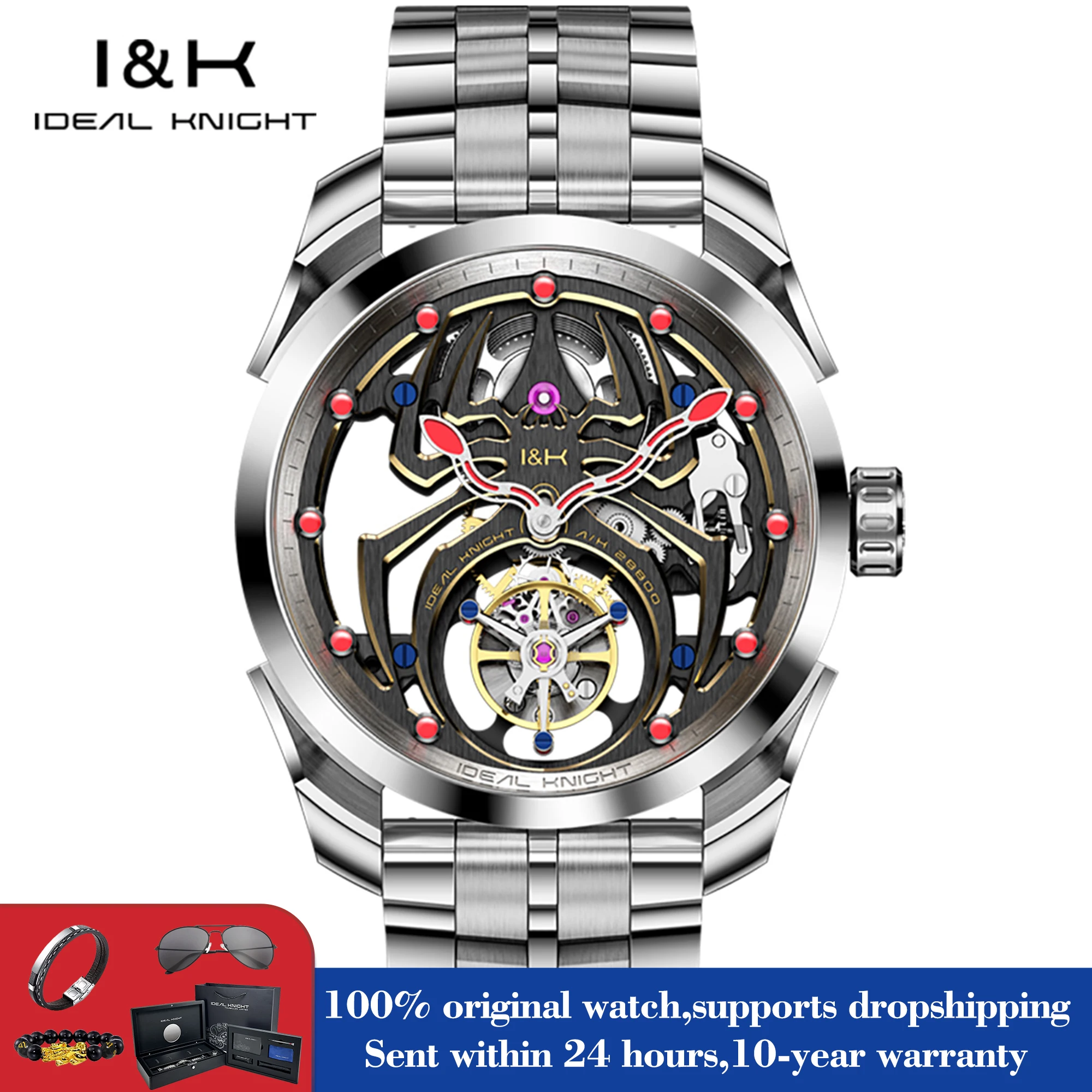 IDEAL KNIGHT 6802 Tourbillon Deep Waterproof Man Watch Hollow Skeleton Mechanical Watch For Men Sapphire Mirror Luxury Clock