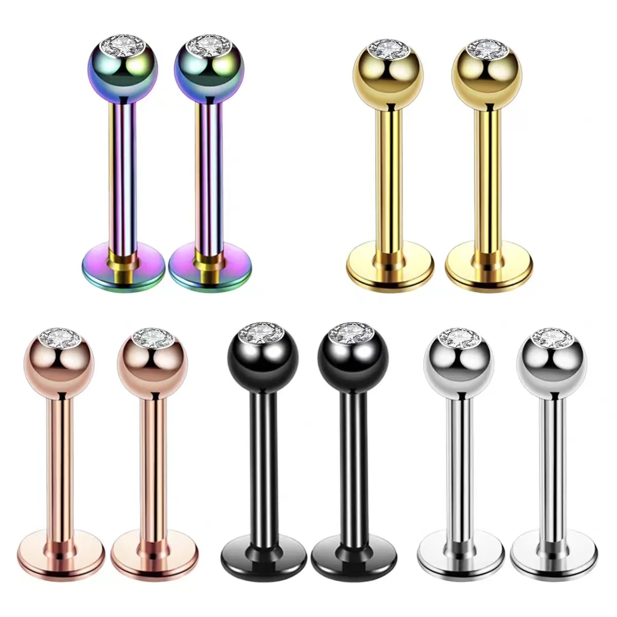 

16G Surgical Steel Ball Top CZ Lip Septum Stud Labret Tragus Piercing Jewelry Earring, 6mm / 8mm / 10mm Cubic Zircon Ear Stud