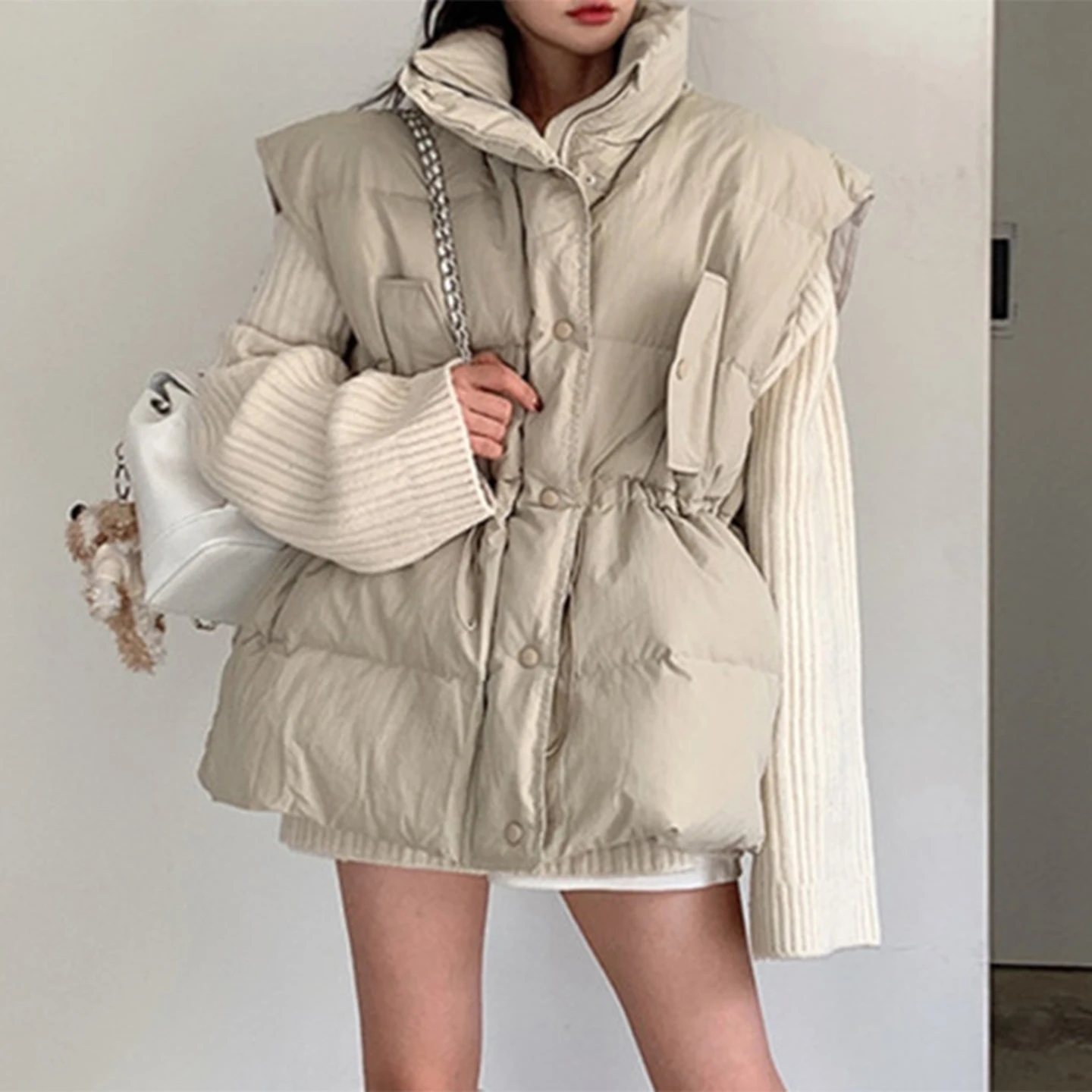 

Slimming Cotton Vest Outerwear Women's Faion Dstring Layered Bread Sle Winter New Arrival Korean Loose Fit Long Sve