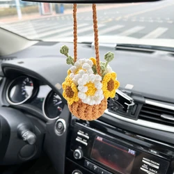 Kawaii Handmade Crochet Flowers Car Hanging  Plant Daisy Cute  Auto Accessories Interior Decoration TeensRear View Mirror H