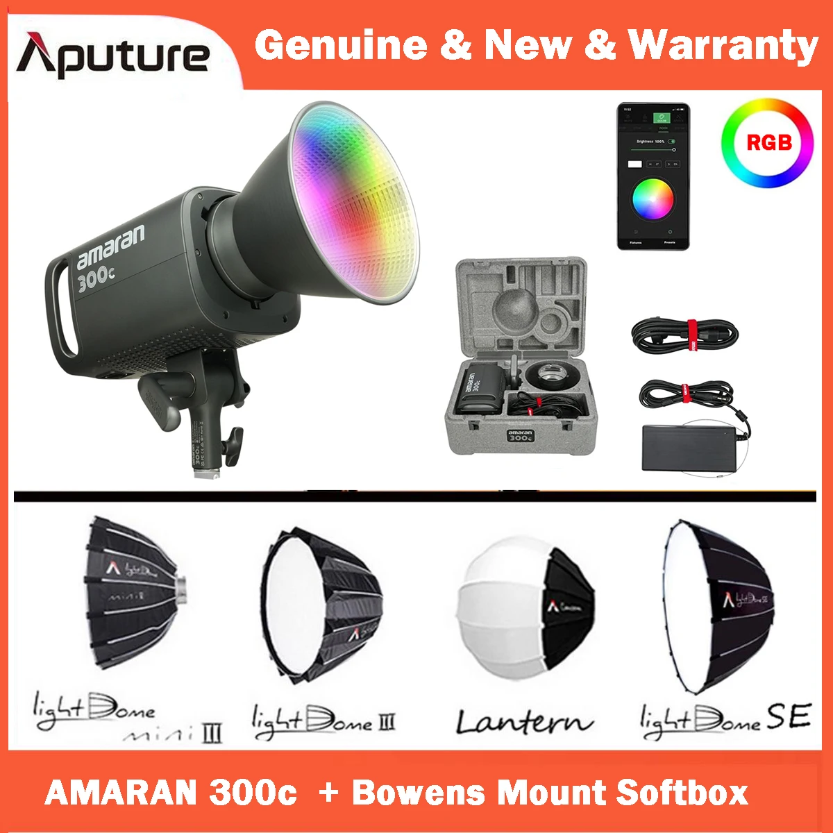 

Aputure Amaran 300c RGB Full-Color 300W Led Continuous Output Lighting Bowens Mounts Sidus Link App Control for Photography