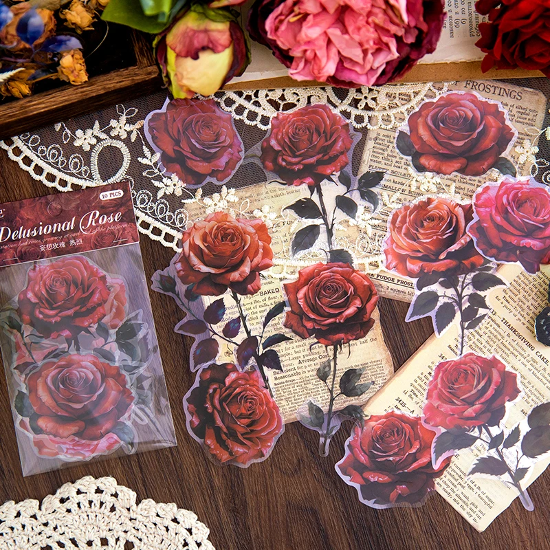 Yoofun 10pcs/lot Aesthetic Scrapbooking Stickers Delusional Rose Journaling Planner Decorative Craft Stationery Sticker