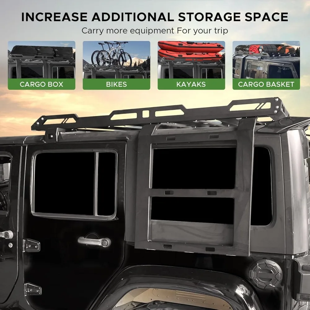 Багажник на крышу с лестницей, подходит для Jeep Wrangler JK 2007-2018, 4-дверный жесткий верхний багажник на крышу с 2 лестницей и 4 светодиодными фонарями и автомобилем